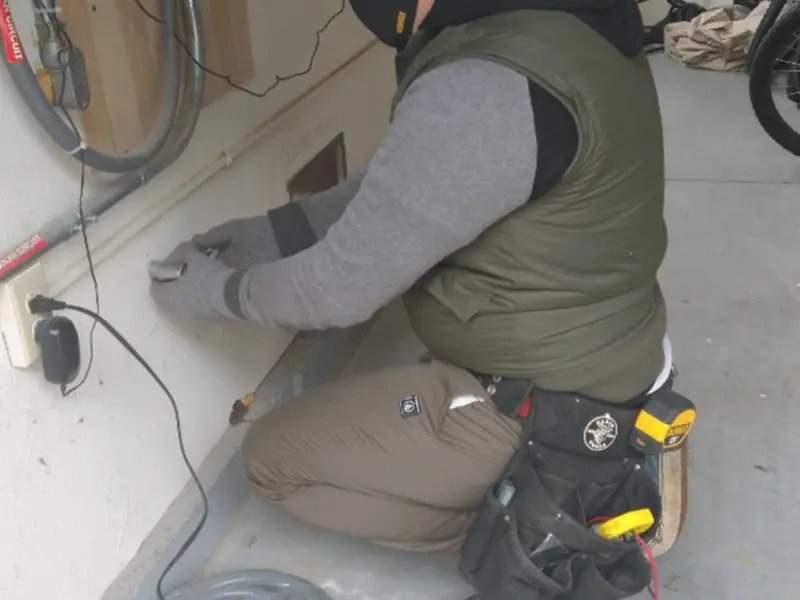Electrician performing outlet wiring in a Walterboro garage